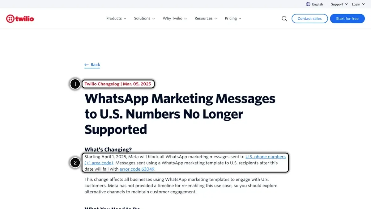 Twilio's changelog on Meta's pause of WhatsApp marketing messages to US numbers, with the date of the notice (1) and the change itself (2) highlighted