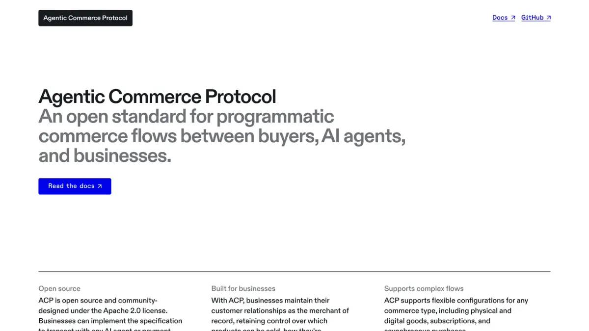 Le site de l'Agentic Commerce Protocol, standard ouvert pour le commerce entre acheteurs, agents IA et entreprises
