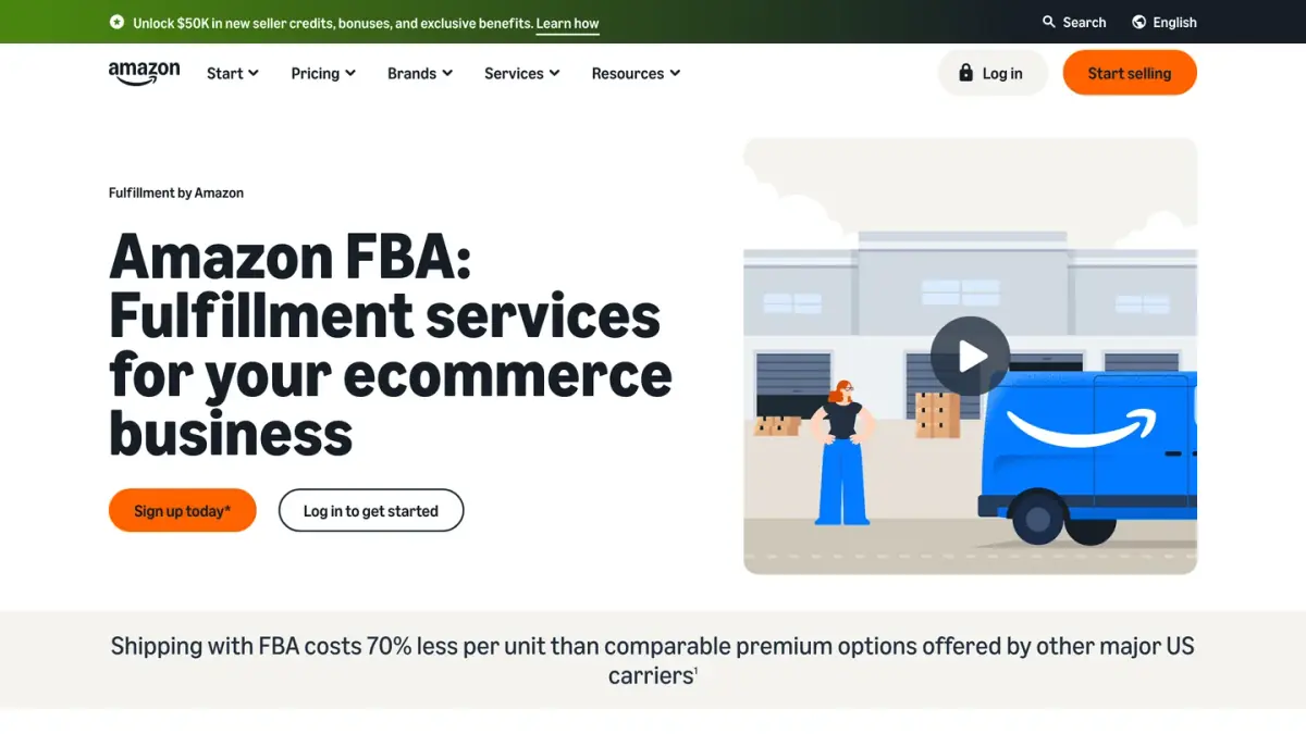 Amazon's Fulfillment by Amazon page presenting FBA storage and shipping services for sellers