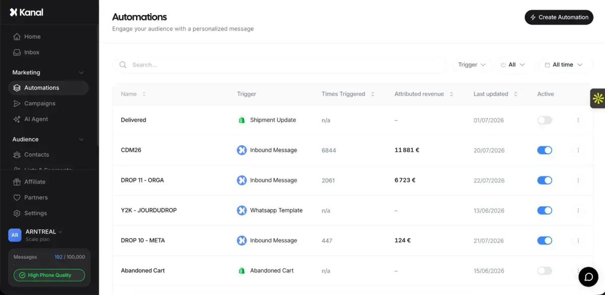 List of WhatsApp automations in Kanal, with the trigger of each one