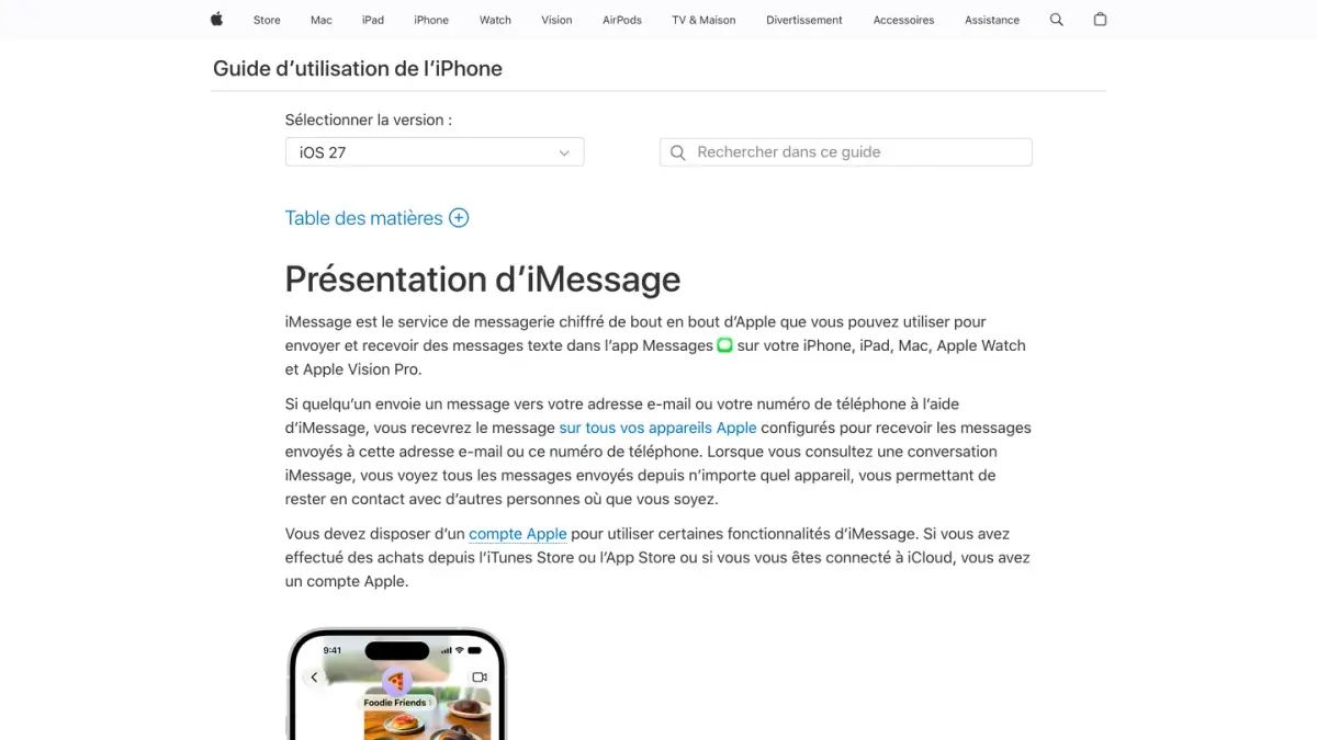 Page du guide d'utilisation de l'iPhone d'Apple qui présente iMessage