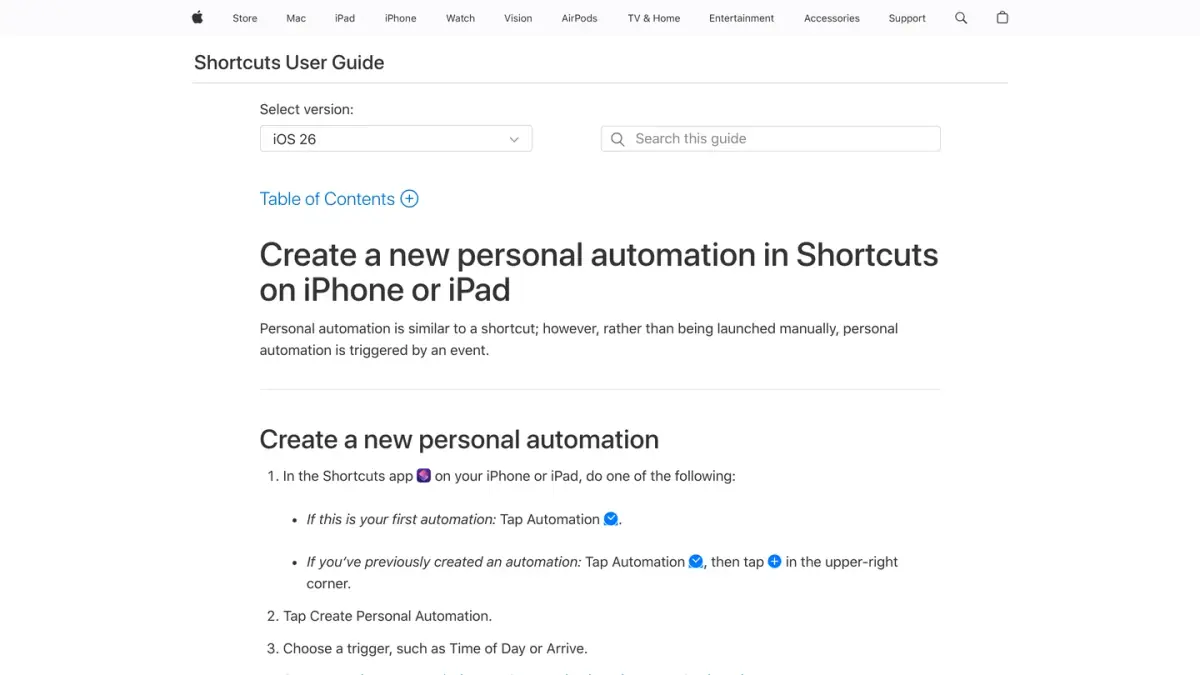 Shortcuts User Guide page from Apple Support on creating a personal automation