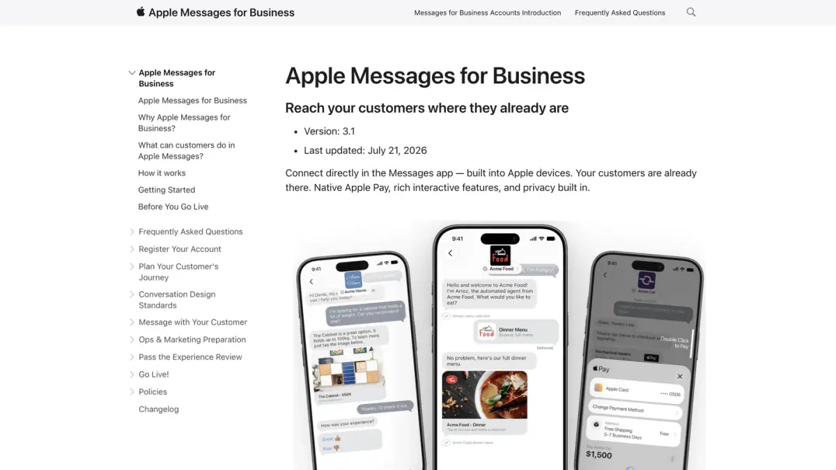 La documentation officielle d'Apple Messages for Business sur le site Apple Business Register