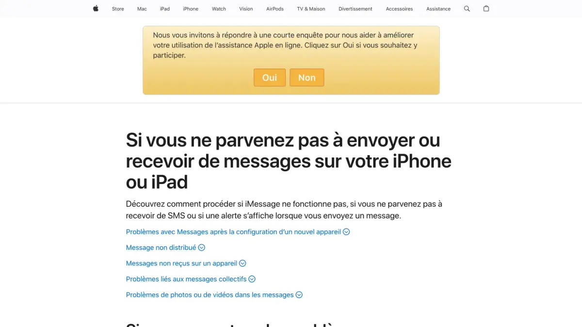 Page d'assistance Apple sur les messages impossibles à envoyer ou à recevoir sur iPhone ou iPad