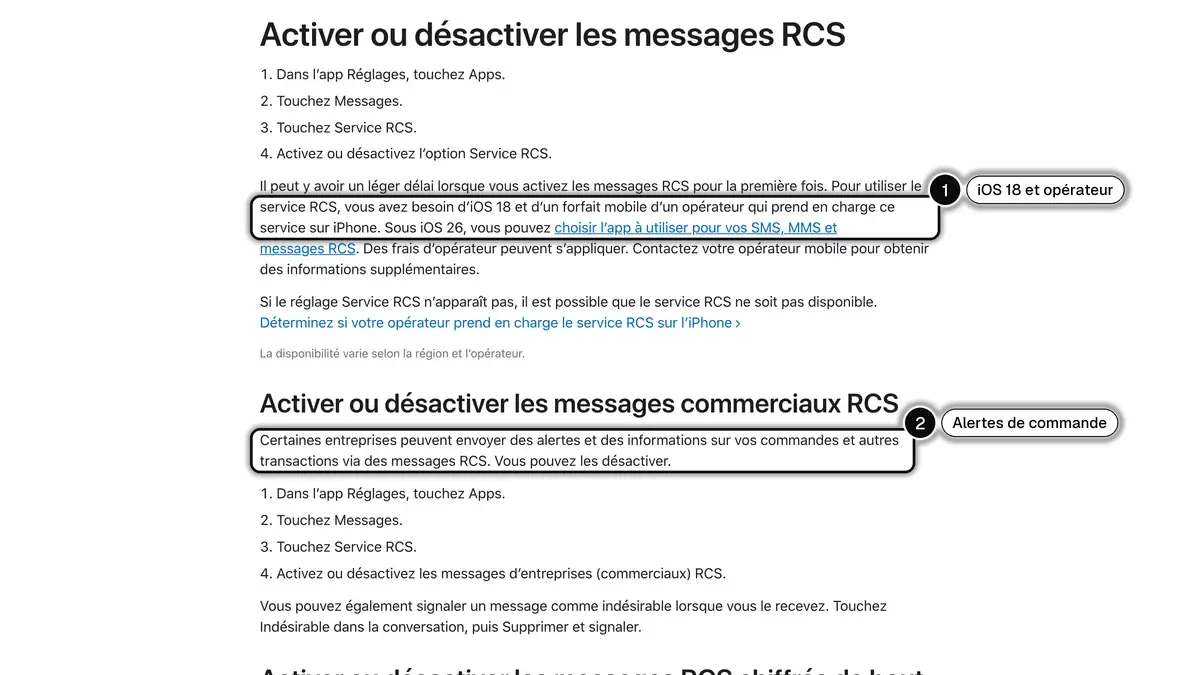 Assistance Apple sur le RCS sur iPhone, avec la condition d'iOS 18 et d'un opérateur compatible (1) et les alertes de commande envoyées par RCS (2) encadrées
