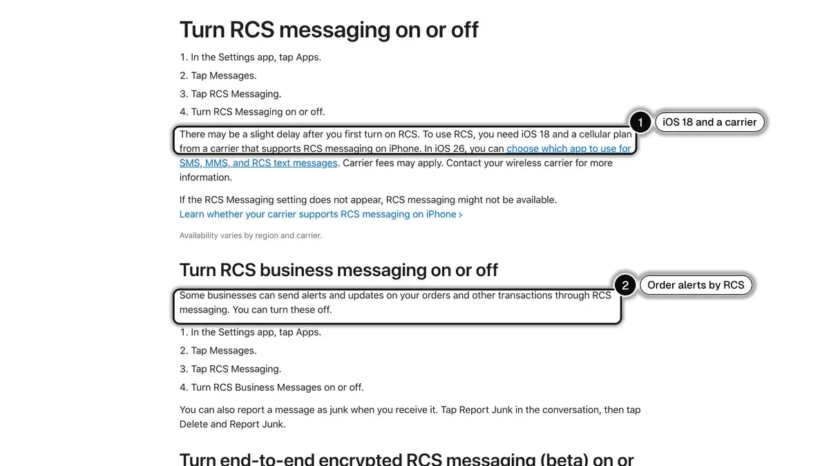 Apple Support page on RCS for iPhone, with the iOS 18 and carrier requirement (1) and business order alerts by RCS (2) highlighted