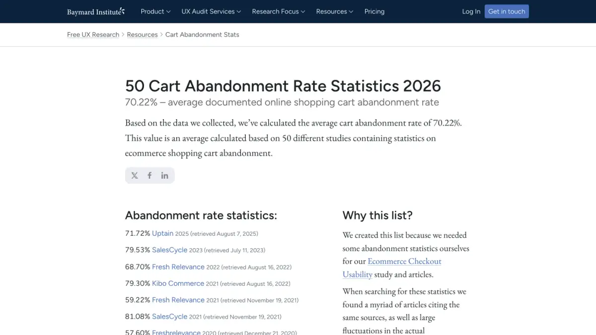 Page du Baymard Institute sur le taux d'abandon de panier et ses causes