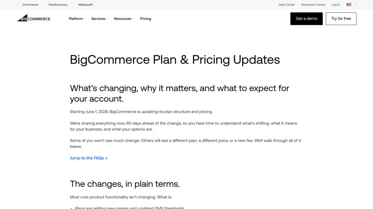 BigCommerce page explaining its 2026 plan and pricing updates and what changes for existing accounts