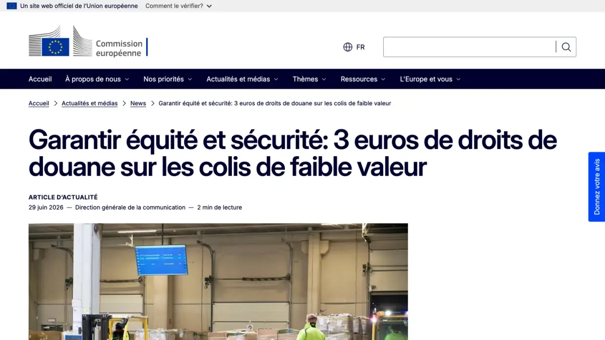 L'annonce de la Commission européenne sur le droit de douane de 3 euros pour les colis de faible valeur