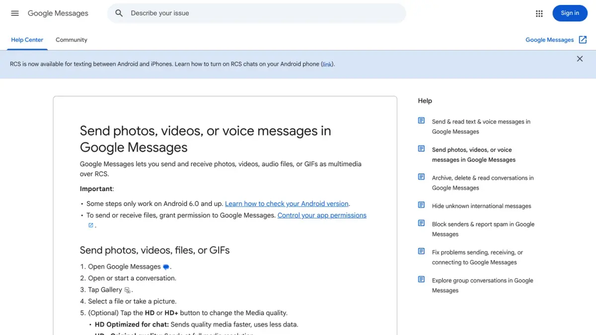 Google Messages Help page on sending photos, videos and voice messages