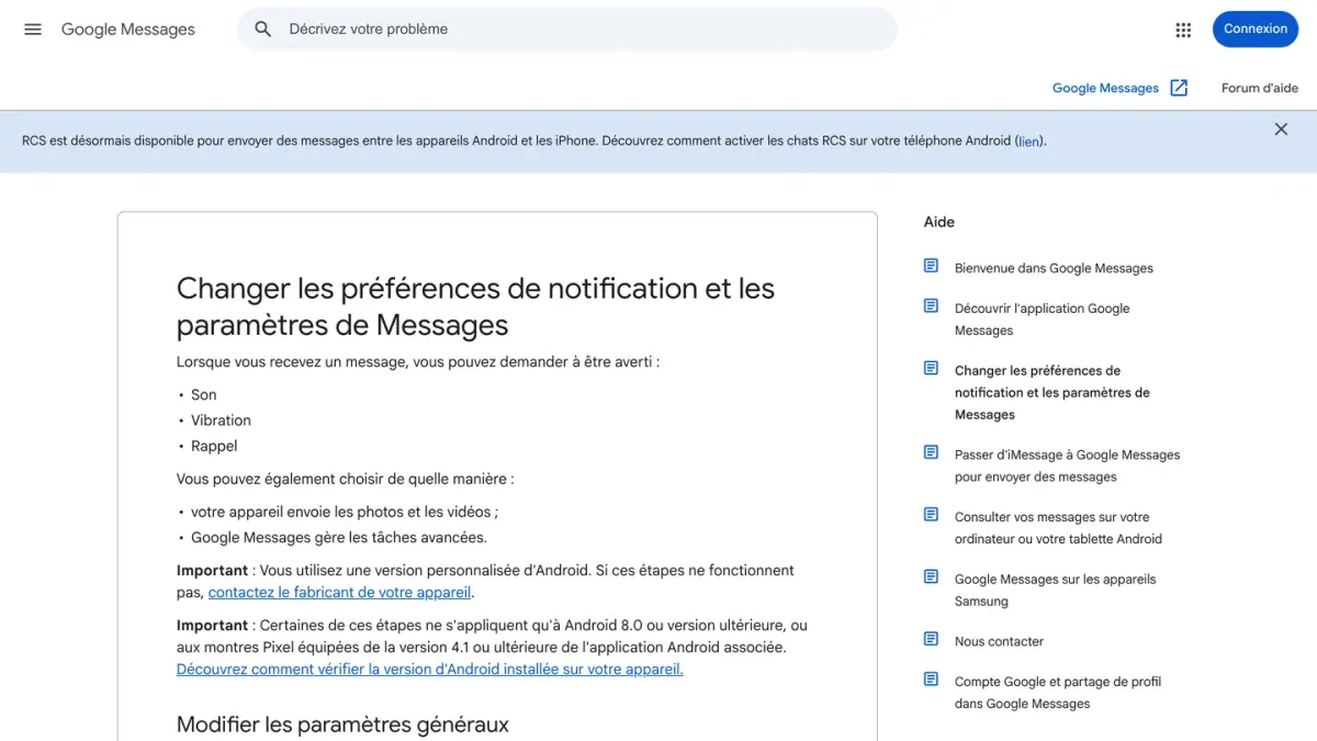 Page de l'aide Google Messages sur les notifications et les paramètres de l'application