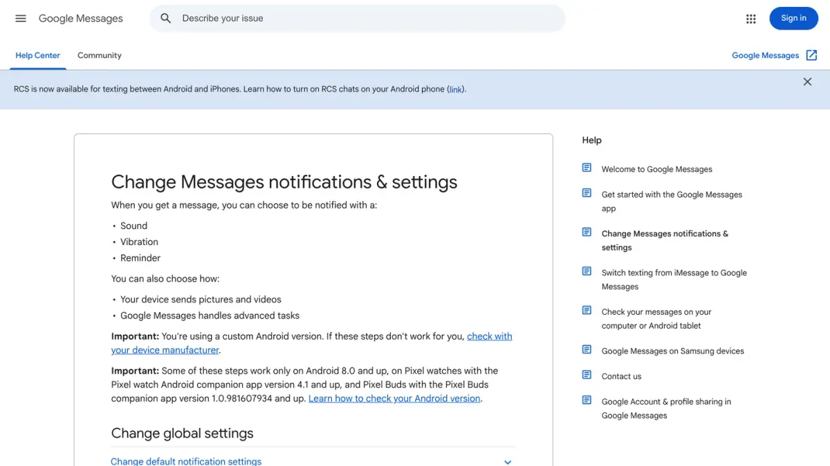 Google Messages Help page on changing Google Messages notifications and settings