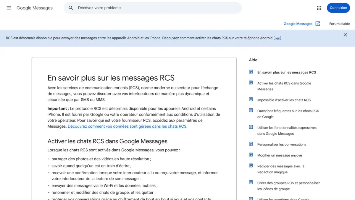 Page d'aide de Google Messages qui explique ce que sont les messages RCS et ce qu'ils permettent