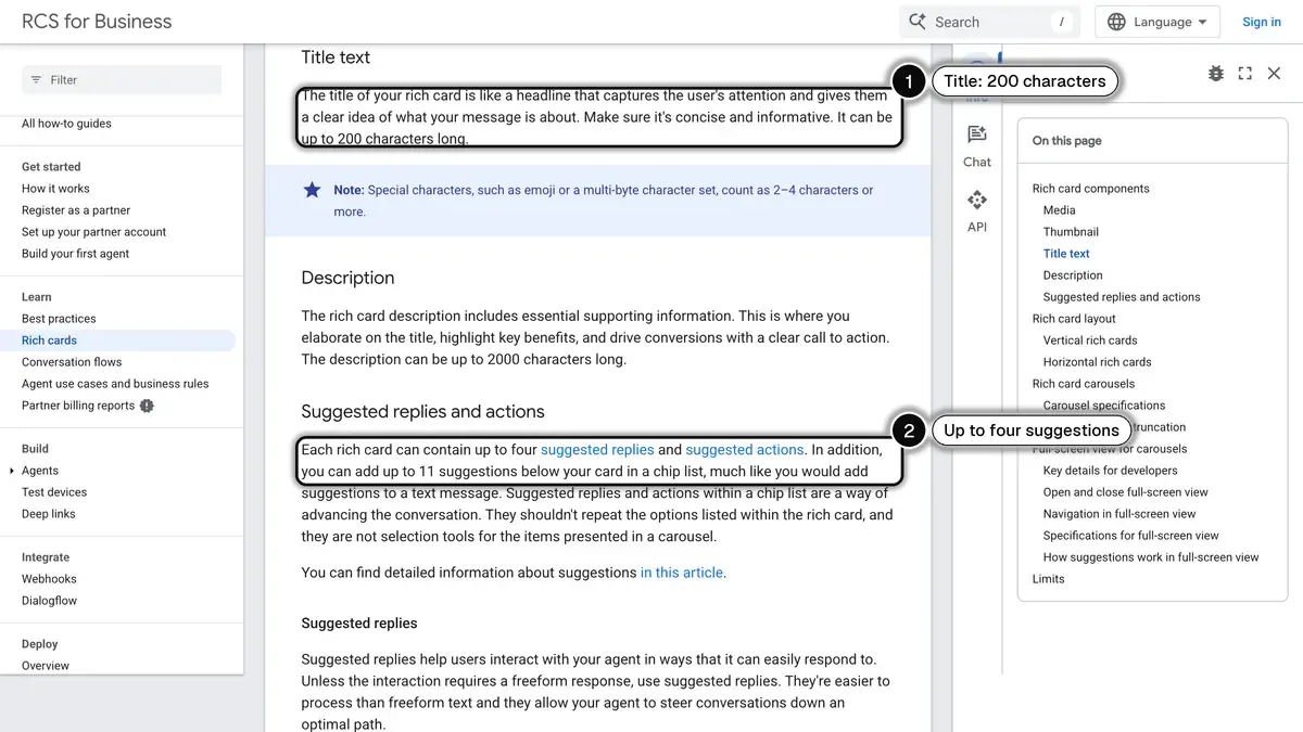 Google's RCS for Business documentation on rich cards, with the 200-character title (1) and the four suggested replies or actions per card (2)