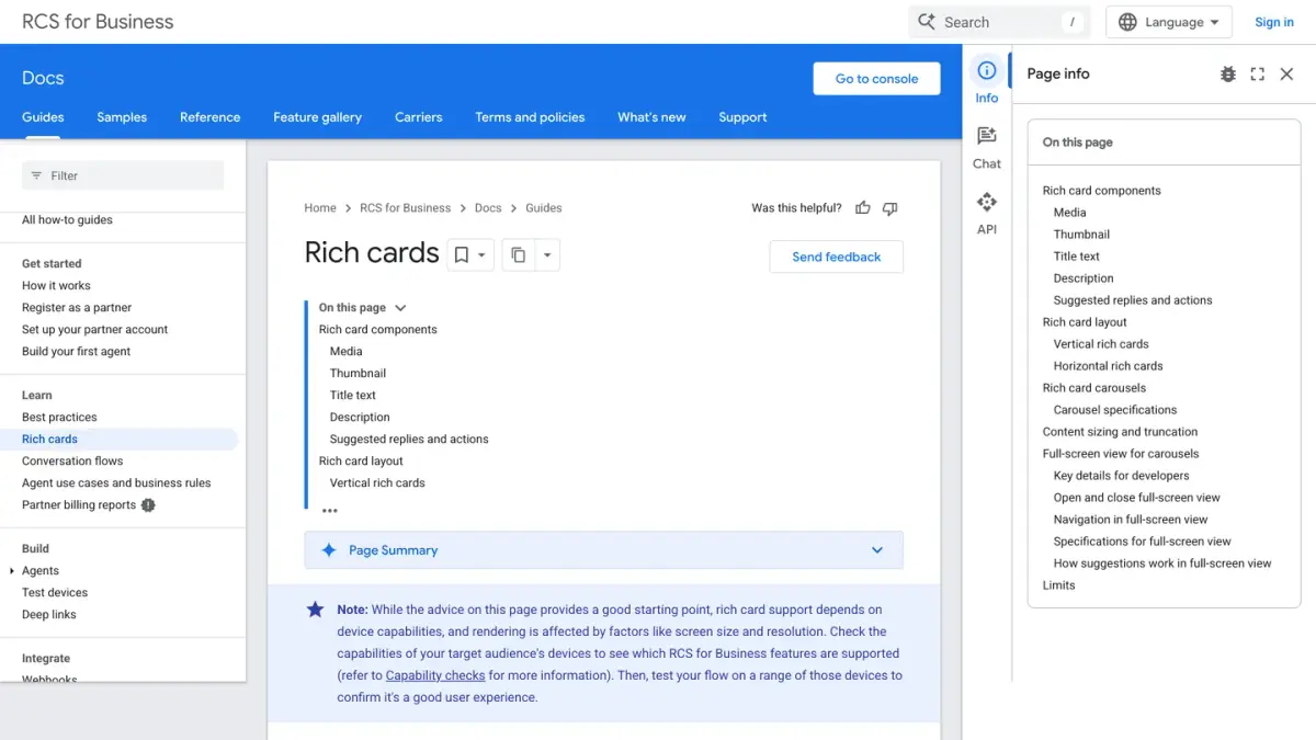 La page de la documentation de Google consacrée aux cartes enrichies du RCS for Business