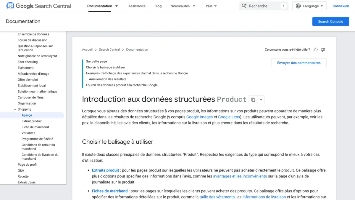 La documentation Google Search Central sur les données structurées Product