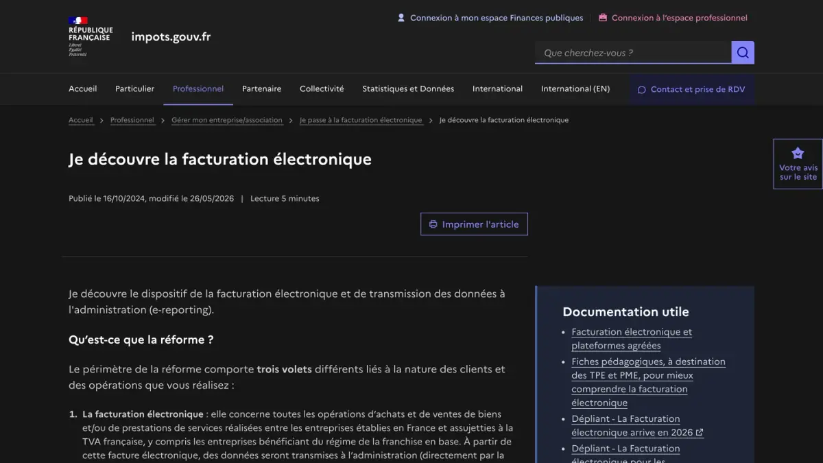 La page d'impots.gouv.fr qui présente la réforme de la facturation électronique