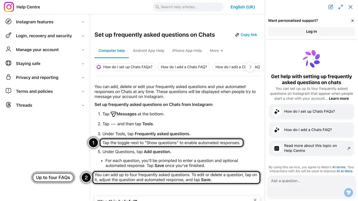 Instagram Help Center steps to set up frequently asked questions on Chats, with the Show questions toggle (1) and the limit of four questions (2) highlighted
