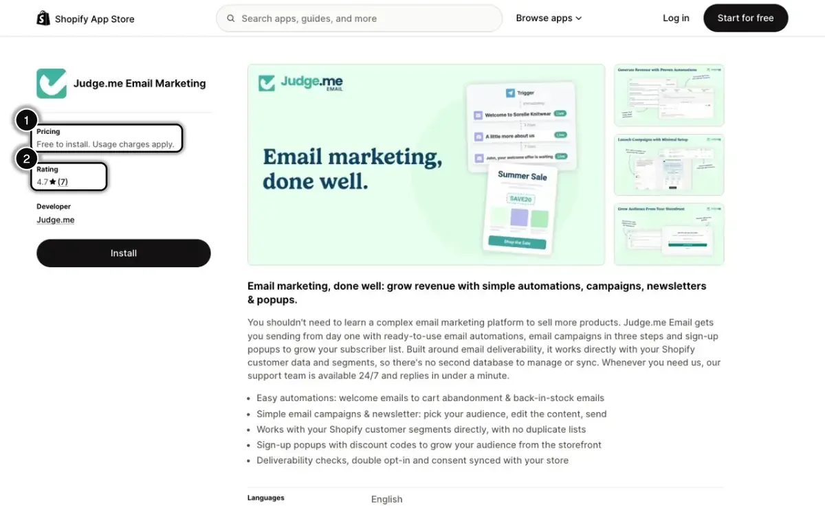 Judge.me Email Marketing listing on the Shopify App Store, with its pricing (1) and rating (2) highlighted