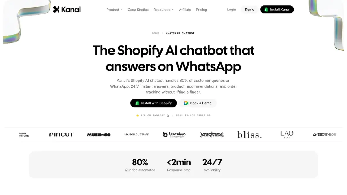 Kanal page for its Shopify AI chatbot, which answers customer questions on WhatsApp around the clock