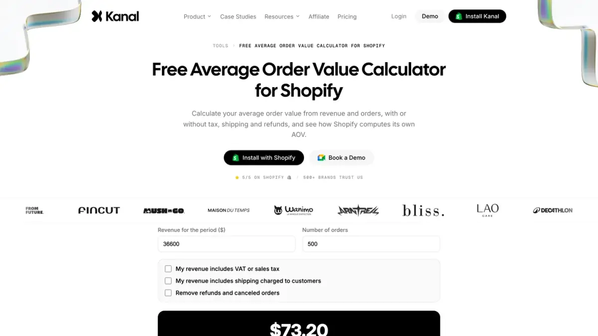 Kanal's free average order value calculator for Shopify, with revenue and number of orders fields