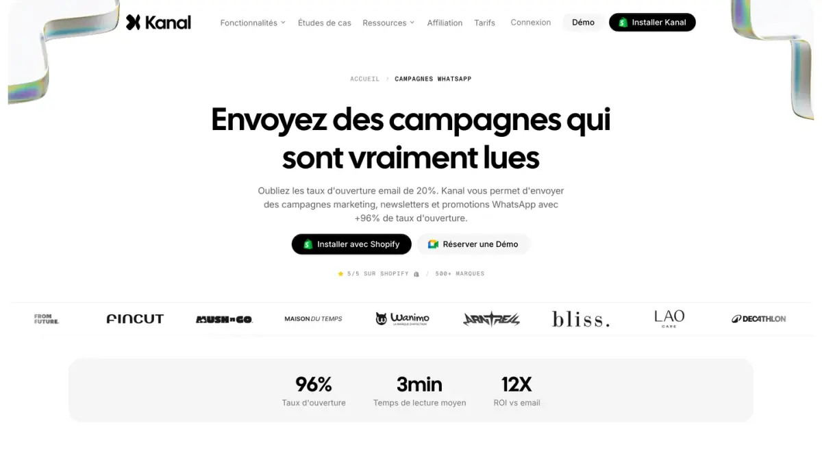 Page Kanal sur les campagnes WhatsApp pour les boutiques Shopify