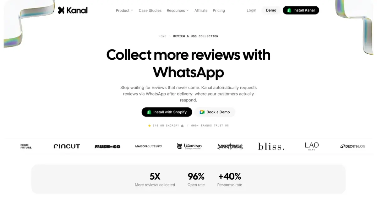 Kanal page for review collection, which sends review requests on WhatsApp after delivery