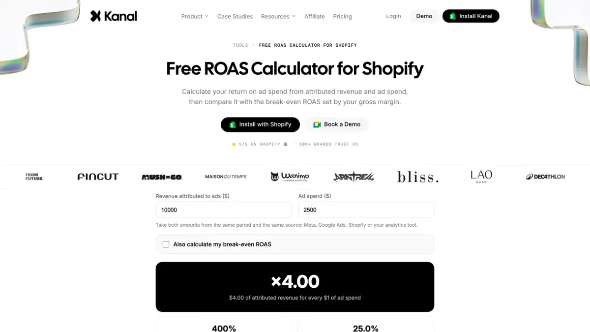 Kanal's free ROAS calculator for Shopify, with fields for attributed revenue and ad spend