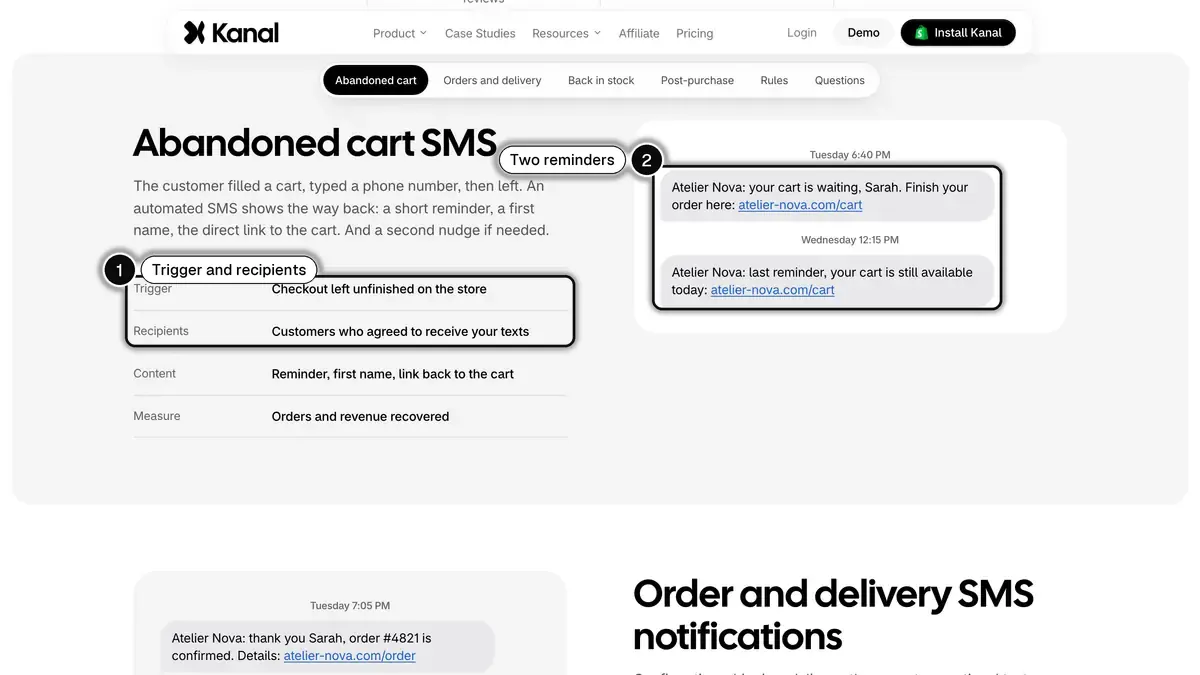 Kanal page on its abandoned cart SMS flow, with the trigger and recipients (1) and the two reminders (2) highlighted