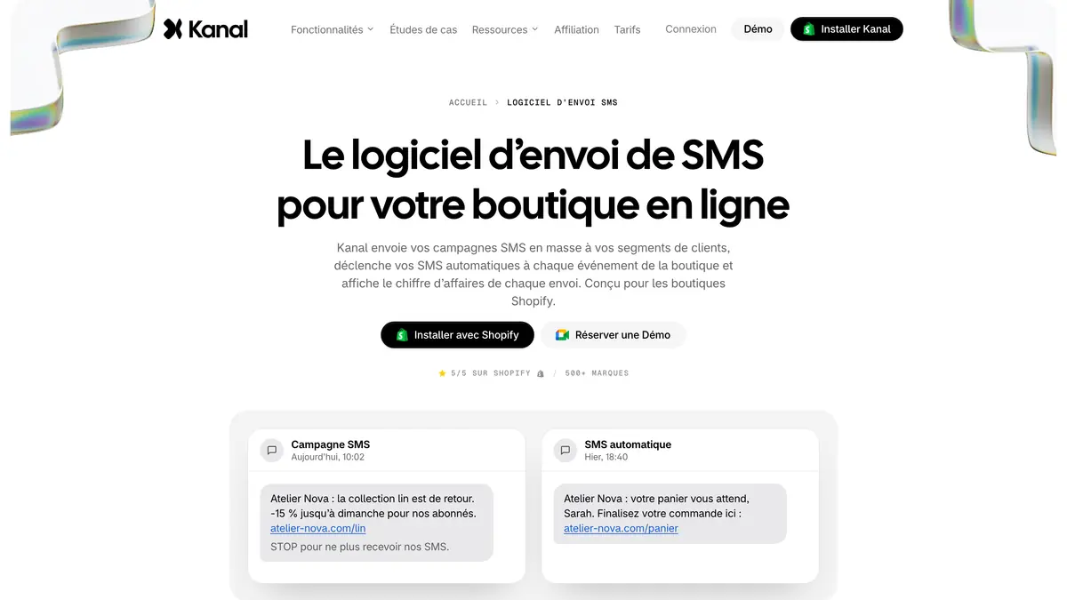 Page Kanal sur le SMS marketing pour les boutiques Shopify