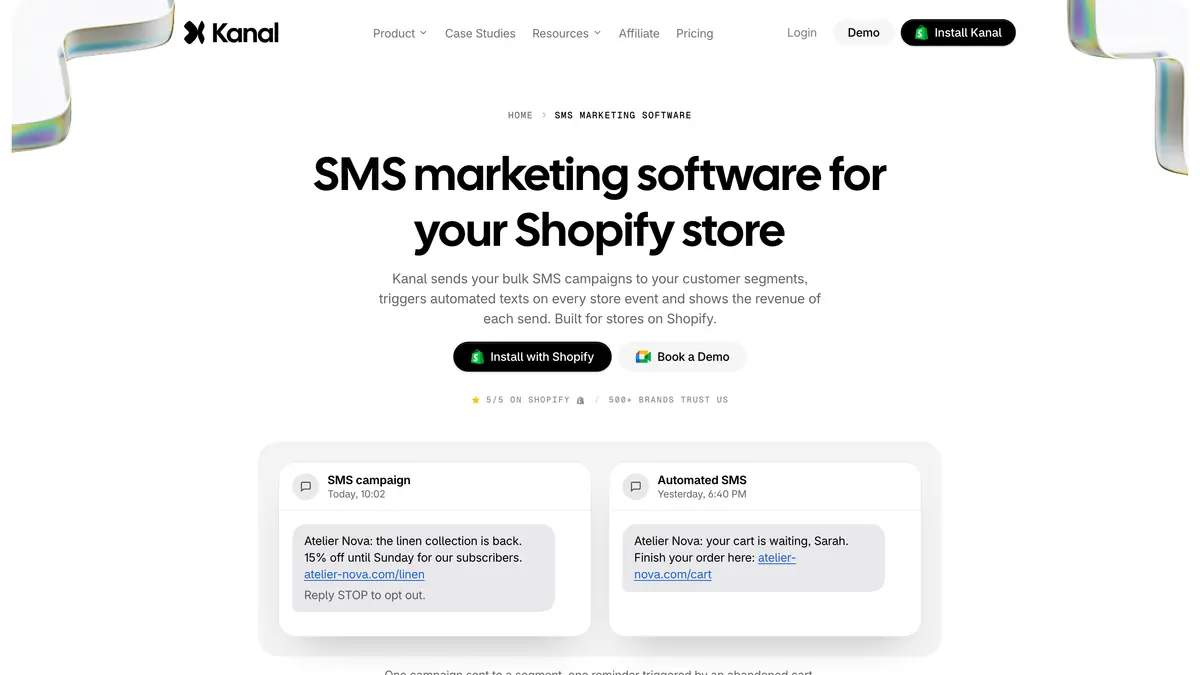 Kanal page for SMS marketing on Shopify, with a campaign and an automated cart reminder