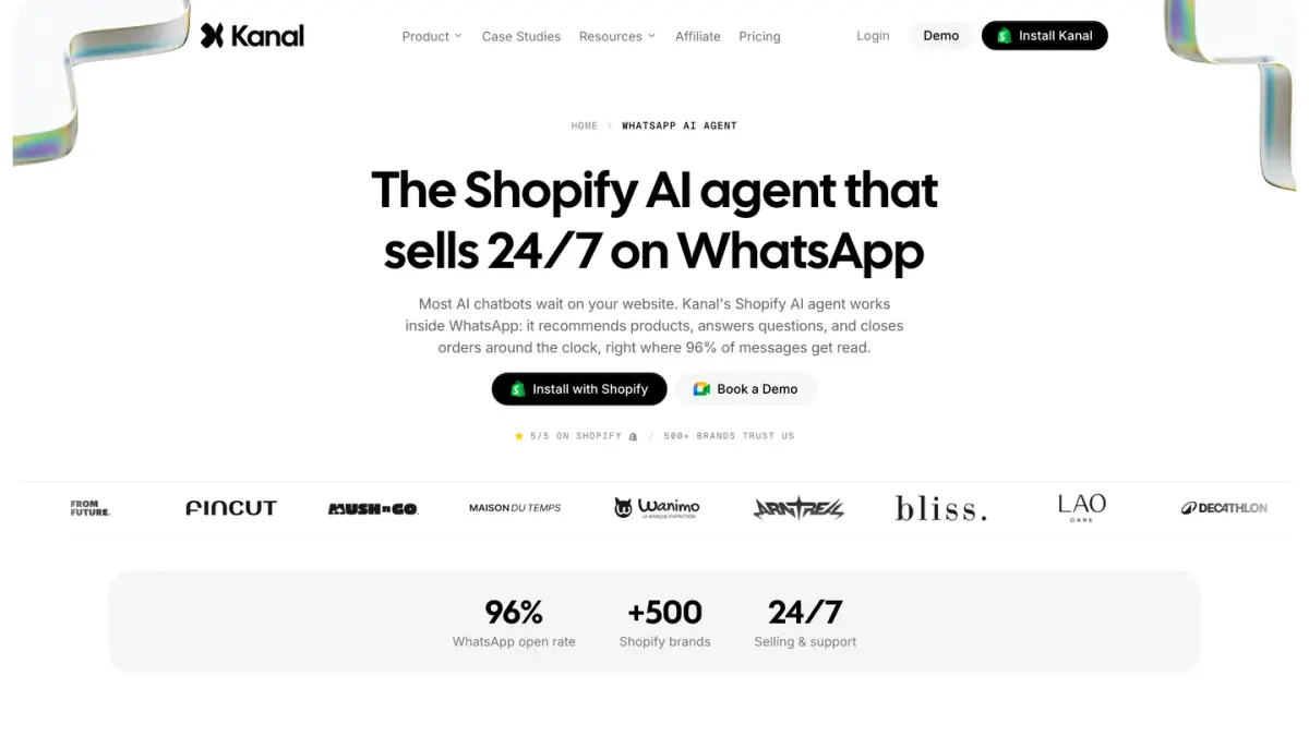 Kanal page for its Shopify AI agent, which recommends products and answers customers on WhatsApp