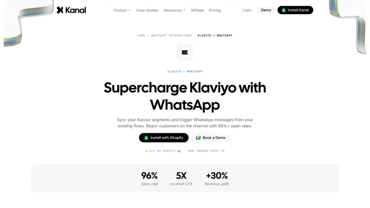 Kanal page for the Klaviyo integration, which triggers WhatsApp messages from Klaviyo segments and flows