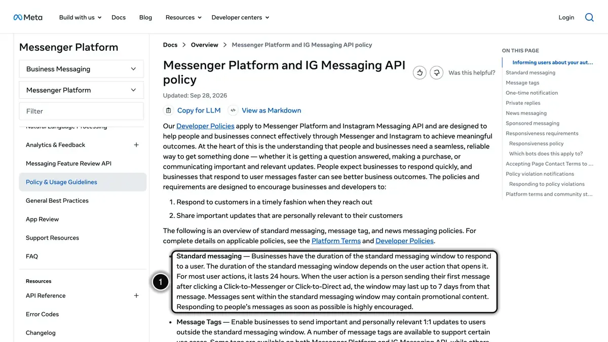Meta developer page on the Messenger Platform and Instagram messaging policy, with the standard messaging window rule highlighted