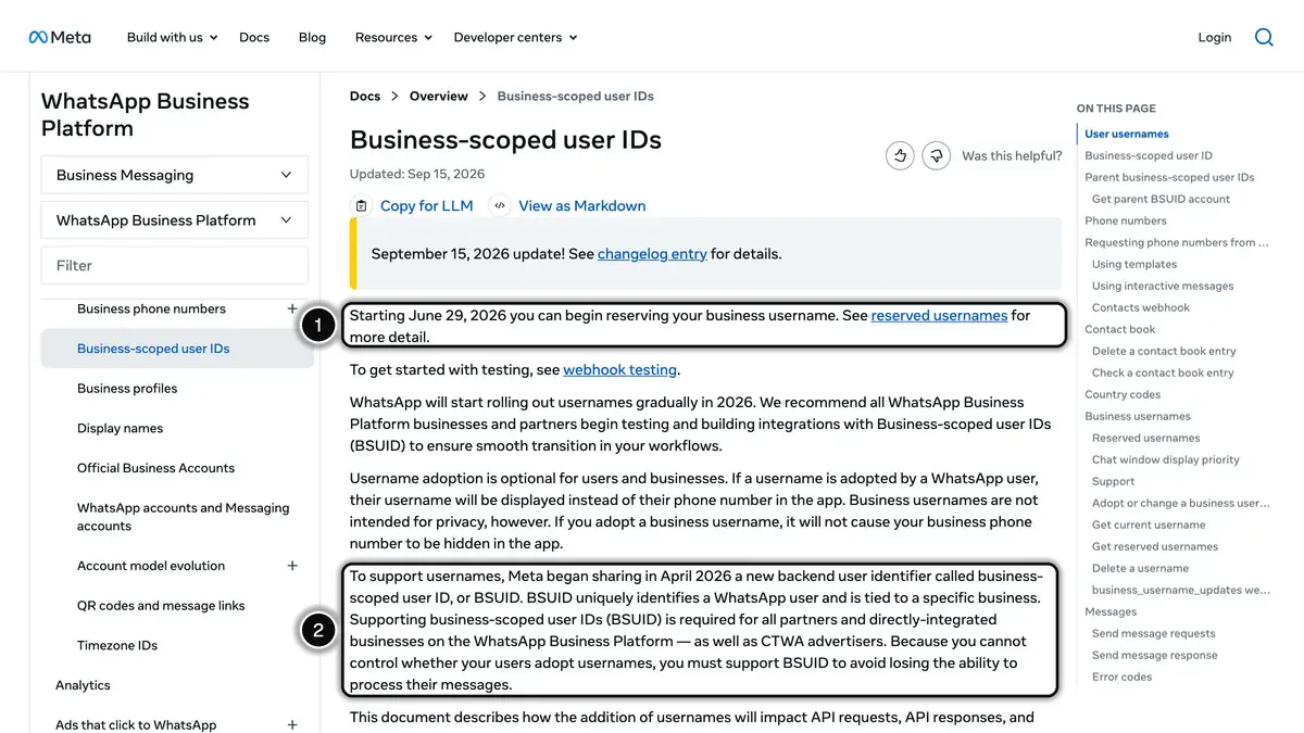 Meta developer documentation on business-scoped user IDs, with the username reservation notice (1) and the paragraph introducing the BSUID (2) highlighted