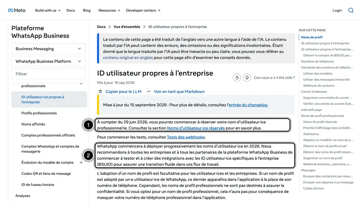 Page de la documentation Meta sur les identifiants utilisateur propres à l'entreprise, avec la réservation du nom d'utilisateur (1) et le déploiement progressif en 2026 (2) en évidence
