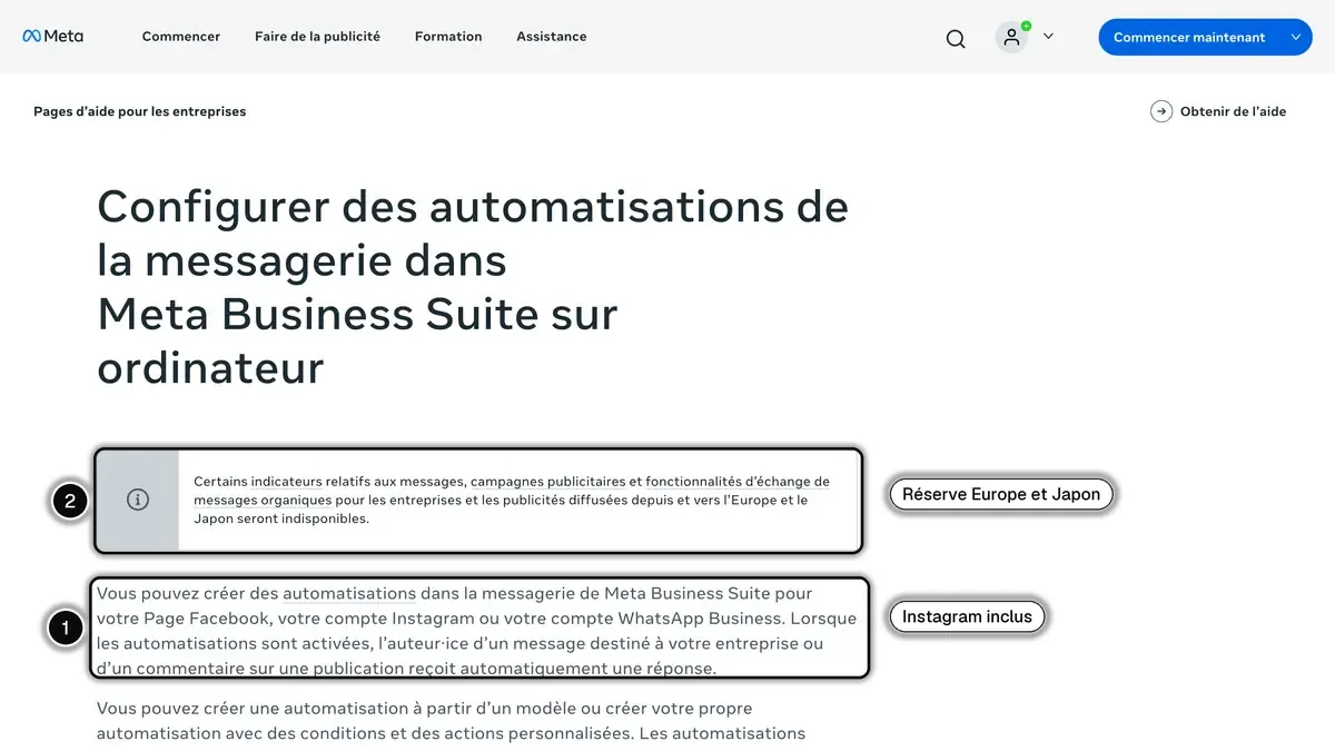 Page d'aide Meta Business sur les automatisations de la messagerie dans Meta Business Suite sur ordinateur, avec les comptes concernés (1) et la réserve pour l'Europe et le Japon (2) en évidence