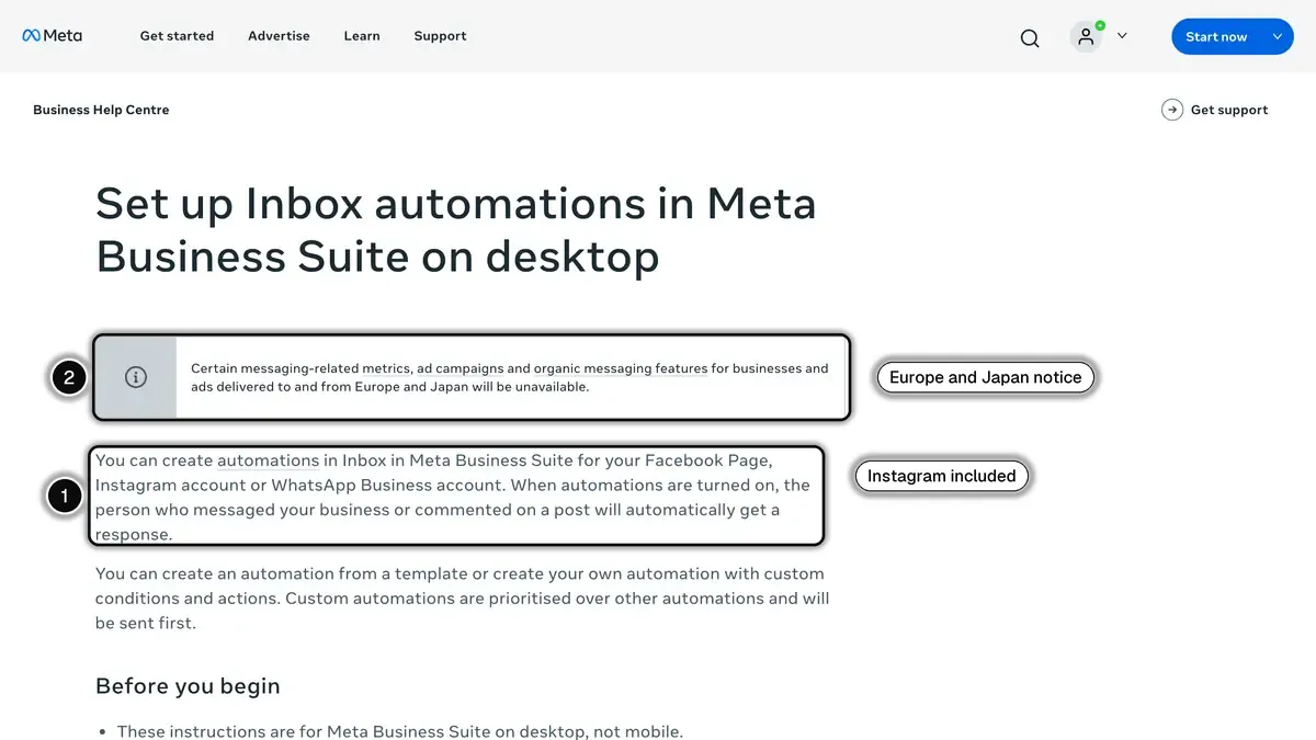 Meta Business Help Center page on Inbox automations in Meta Business Suite on desktop, with the accounts it covers (1) and the Europe and Japan notice (2) highlighted