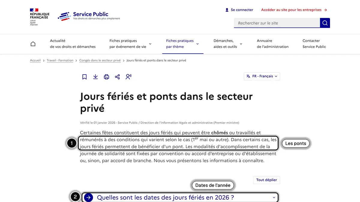 Fiche Service Public sur les jours fériés et les ponts dans le secteur privé, avec le passage sur les ponts (1) et la rubrique des dates (2) en évidence