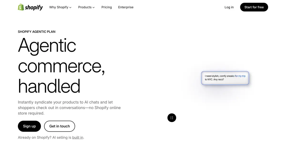 Shopify's Agentic plan page, for selling in AI chats without a Shopify online store