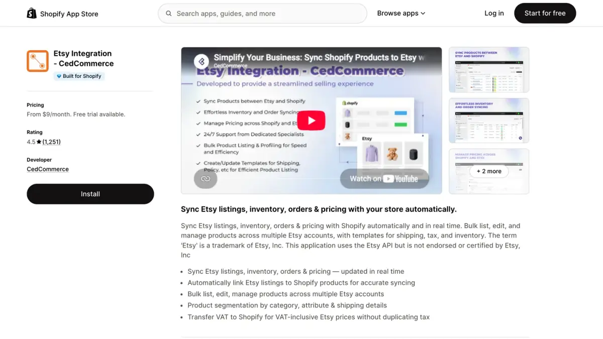 Etsy Integration app by CedCommerce on the Shopify App Store, which syncs Shopify products with Etsy