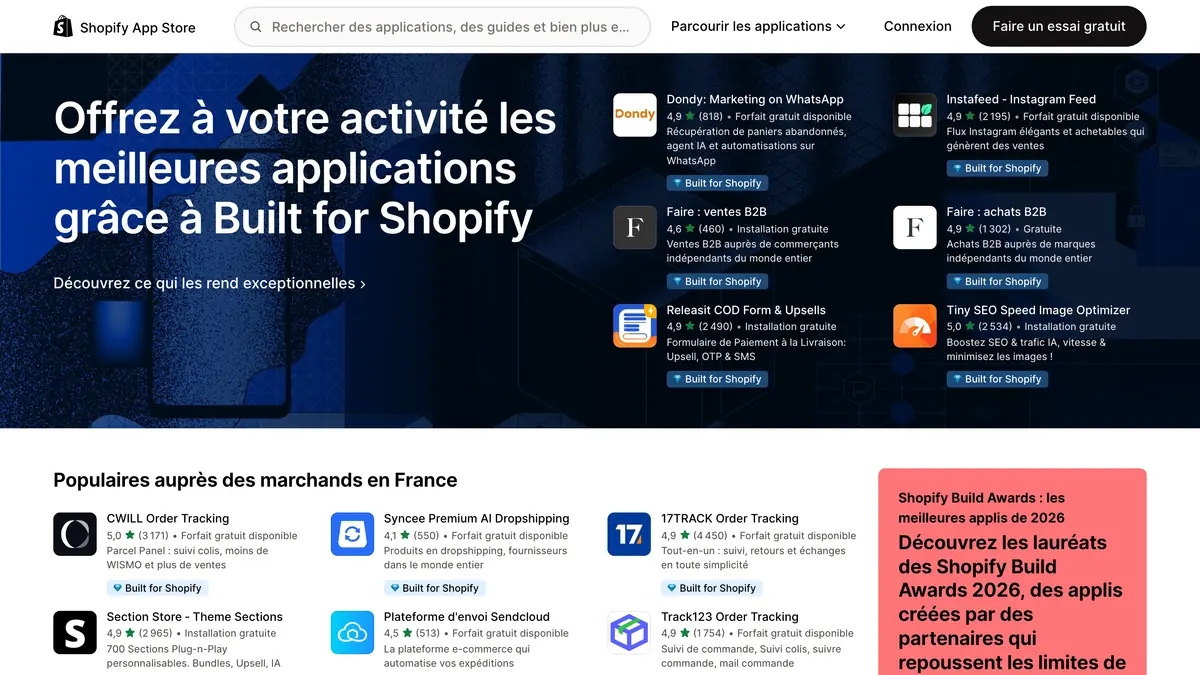 Page d'accueil du Shopify App Store en français, avec les applications populaires auprès des marchands en France
