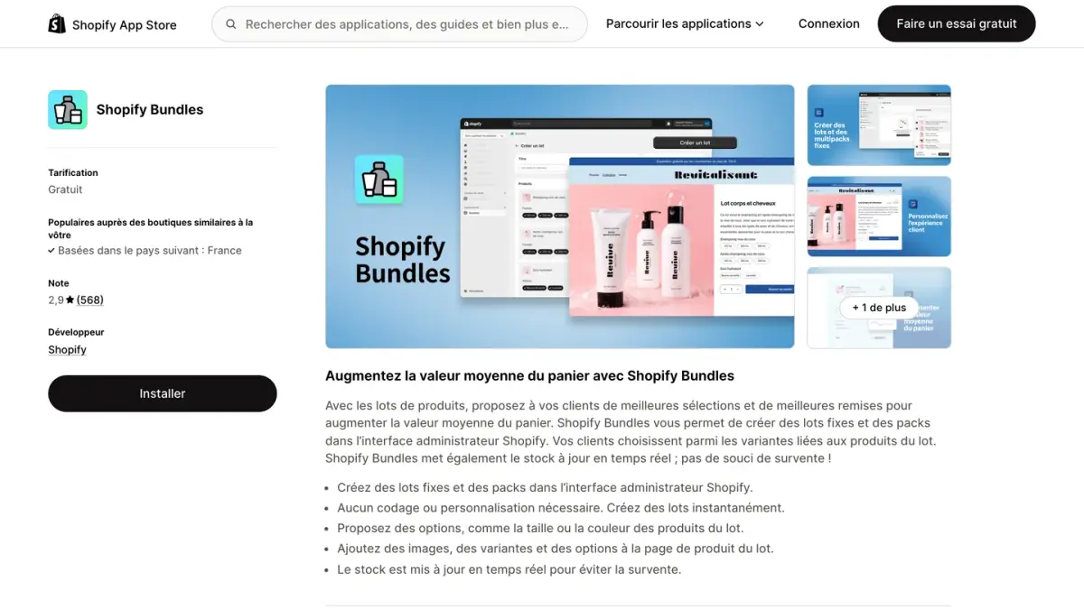 La fiche de l'application gratuite Shopify Bundles sur le Shopify App Store