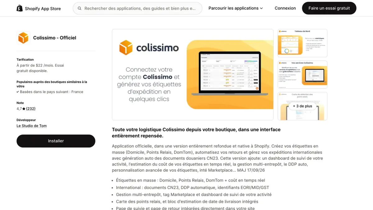 La fiche de l'application Colissimo Officiel sur le Shopify App Store en français