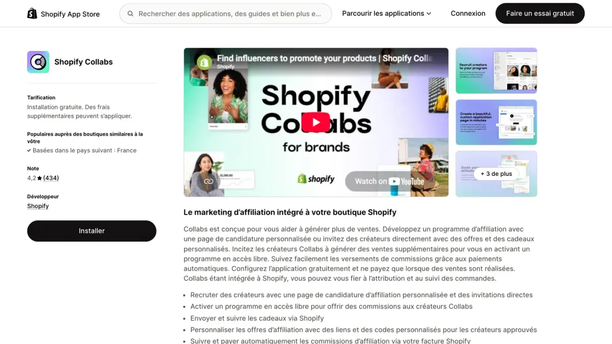 Fiche de Shopify Collabs sur le Shopify App Store, avec la mention installation gratuite et la note de l'application