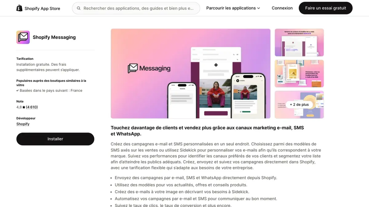 La fiche de Shopify Messaging sur le Shopify App Store, avec sa note et son nombre d'avis