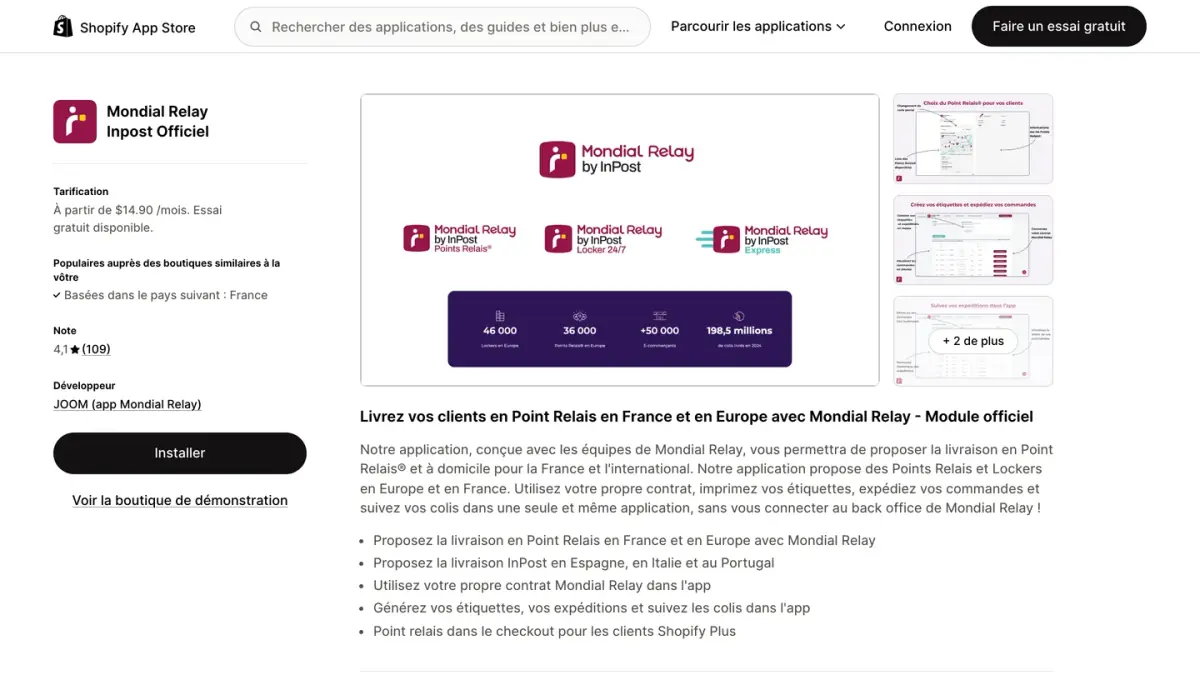 La fiche de l'application Mondial Relay Inpost Officiel sur le Shopify App Store