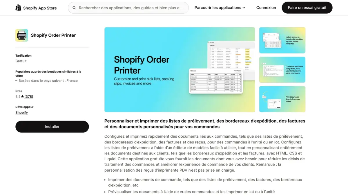 La fiche de l'application gratuite Shopify Order Printer sur le Shopify App Store