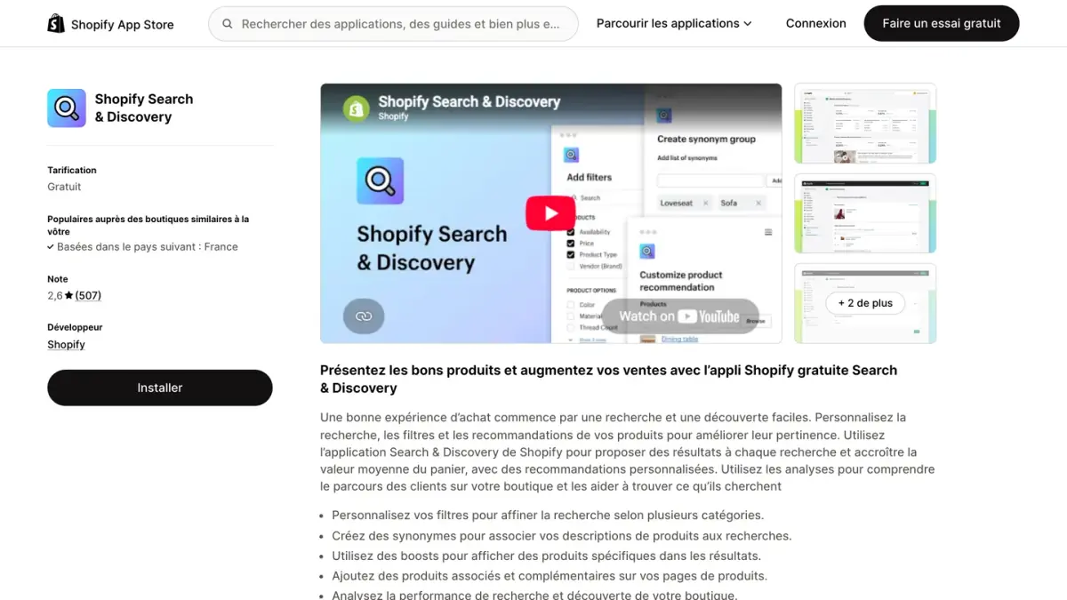 La fiche de l'application Shopify Search & Discovery sur le Shopify App Store