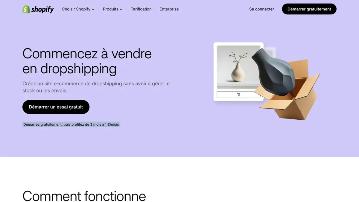 La page de Shopify France consacrée au dropshipping, avec son offre d'essai